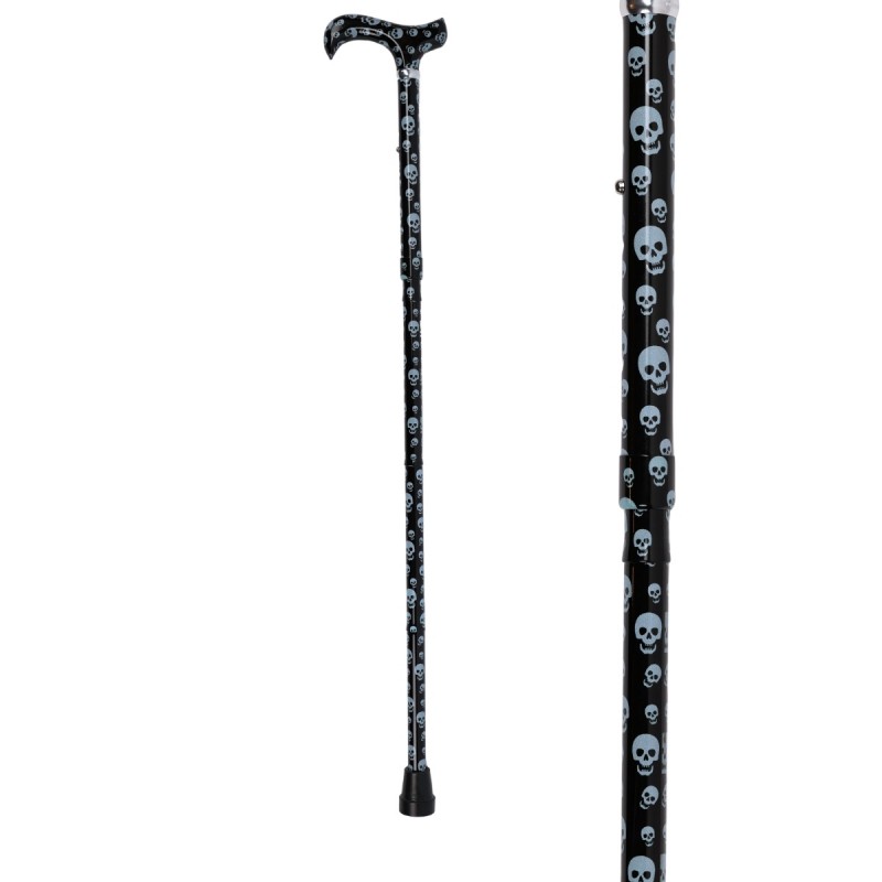 Canne de marche drôle et originale, poignée Derby en aluminium, design tête de mort noir.