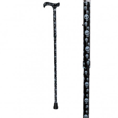 Canne de marche drôle et originale, poignée Derby en aluminium, design tête de mort noir.