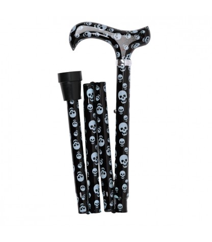 Canne de marche pliable originale en aluminium, motif de tête de mort. Ton noir.