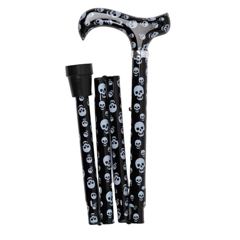 Canne de marche pliable originale en aluminium, motif de tête de mort. Ton noir.