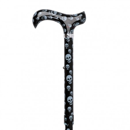 Détail fantaisie de tête de mort sur cette canne de marche différente pour homme et femme.