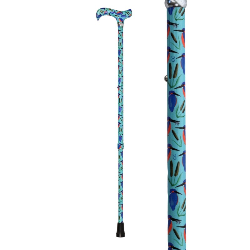 Canne de marche pour femme originale, poignée Derby, design oiseaux et nature, bleu turquoise.