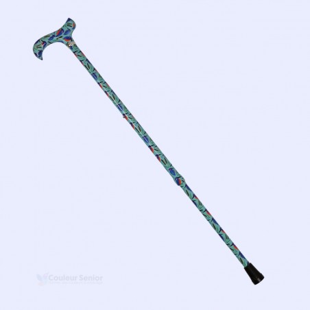 Profil complet de canne de marche pour femme, originale, poignée Derby, style martin-pêcheur, bleu turquoise.