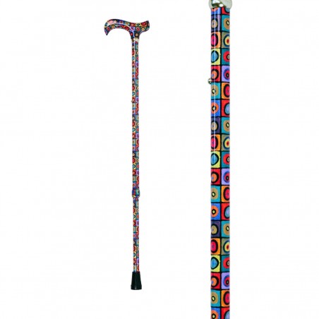 Canne de marche complète et ajustable, entièrement décorée de motifs géométriques.
