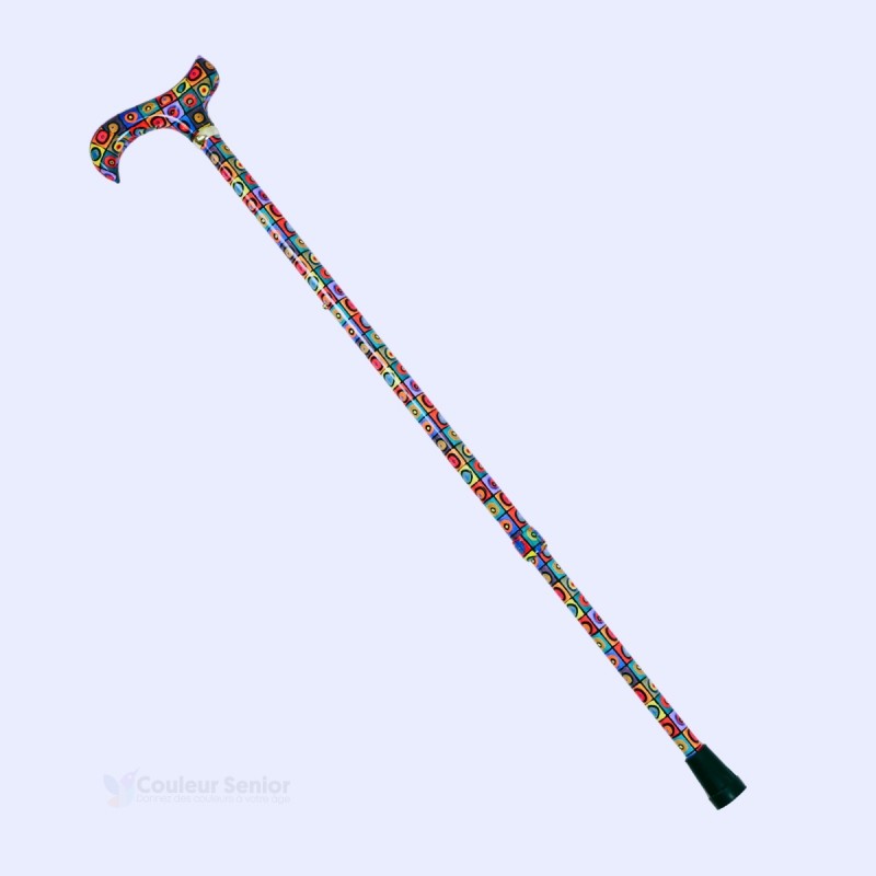Vue de profil sur toute la longueur de la canne au design mosaïque très coloré.