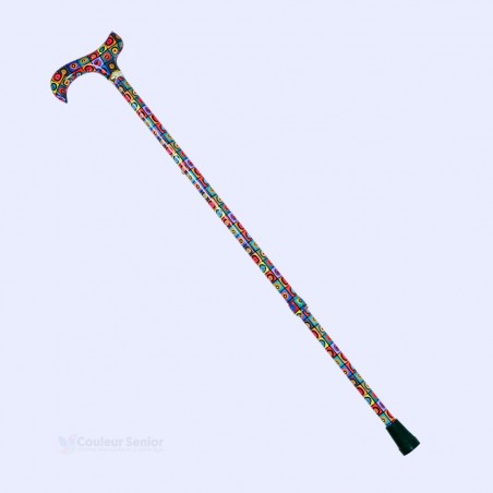 Vue de profil sur toute la longueur de la canne au design mosaïque très coloré.