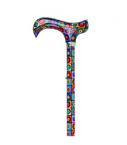 Canne de marche Derby avec poignée ergonomique, motif Kandinsky cercles multicolores.
