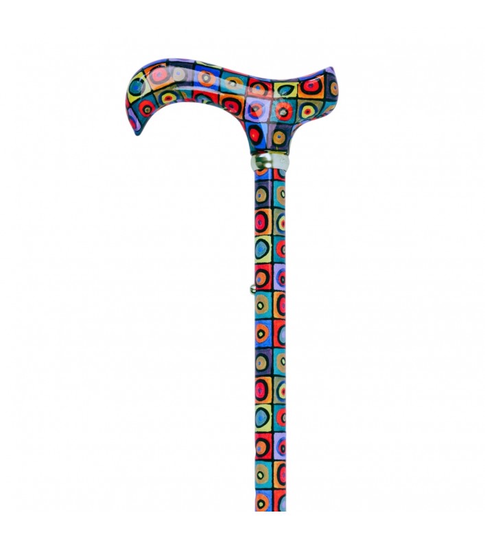Canne de marche Derby avec poignée ergonomique, motif Kandinsky cercles multicolores.