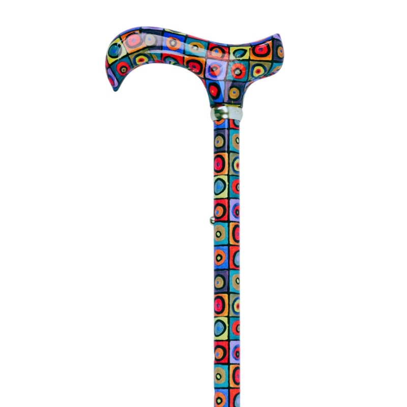 Canne de marche Derby avec poignée ergonomique, motif Kandinsky cercles multicolores.