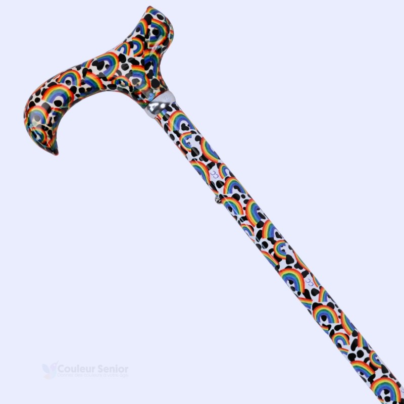 Poignée Derby ergonomique et corps arc-en-ciel pour cette canne de marche originale.
