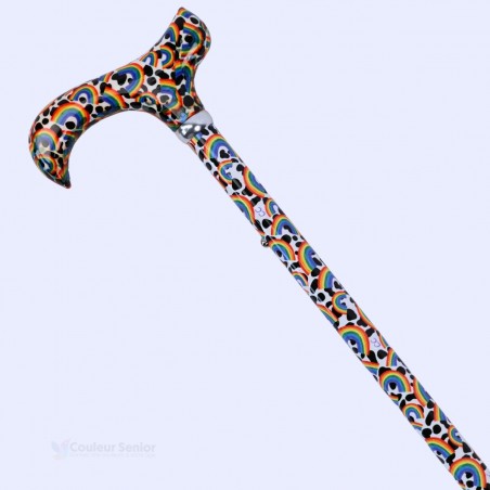 Poignée Derby ergonomique et corps arc-en-ciel pour cette canne de marche originale.