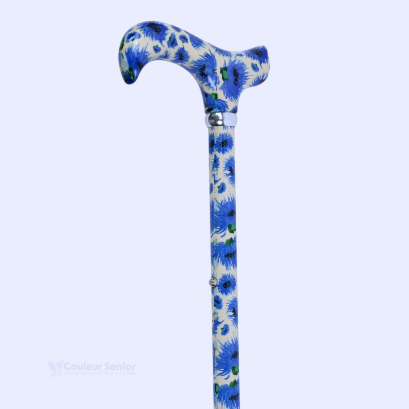 Détail de la poignée Derby : canne de marche fantaisie Bleuets des Champs pour femme. Légère et pratique pour se déplacer.