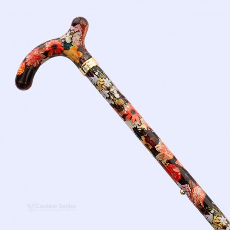 Détail d'une élégante canne de marche pour femme à poignée Derby. Cadeau original réglable.