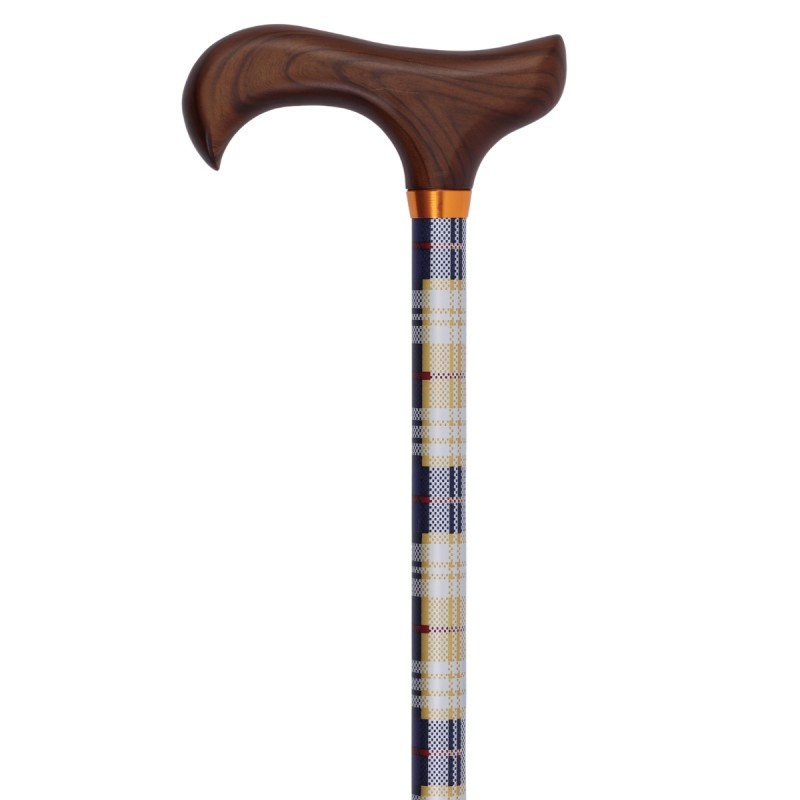 Canne de marche réglable, motif de carreaux écossais et poignée en bois, bleue et jaune, pour homme et femme.