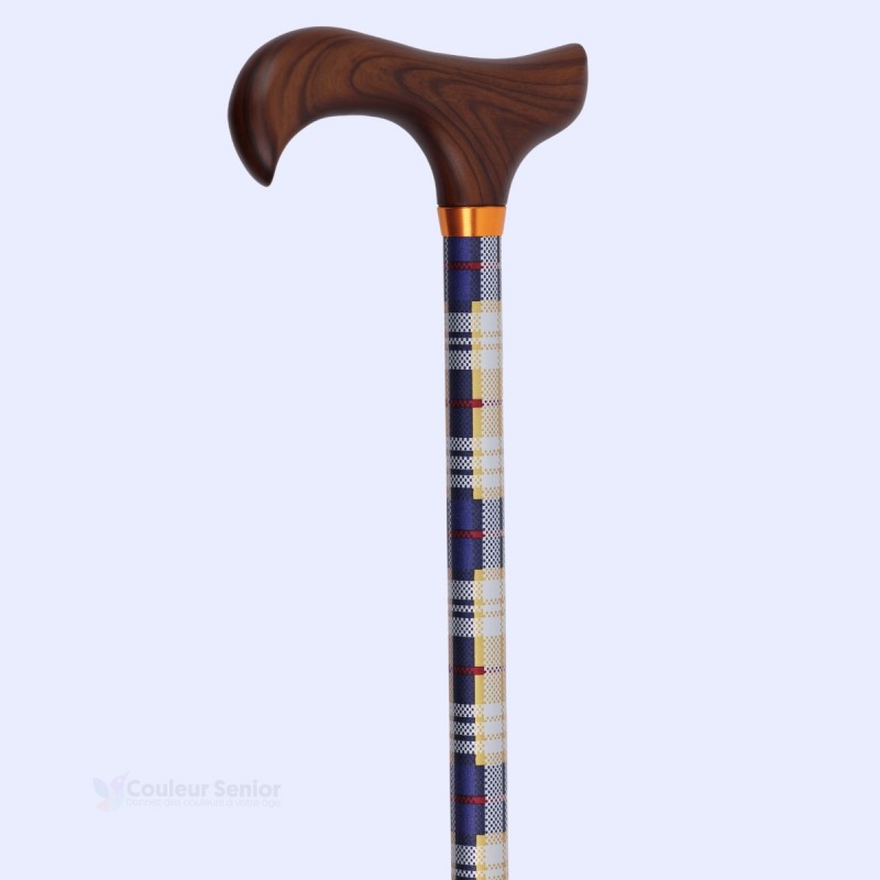 Poignée Derby effet bois, canne de marche originale et élégante au sobre tartan écossais.