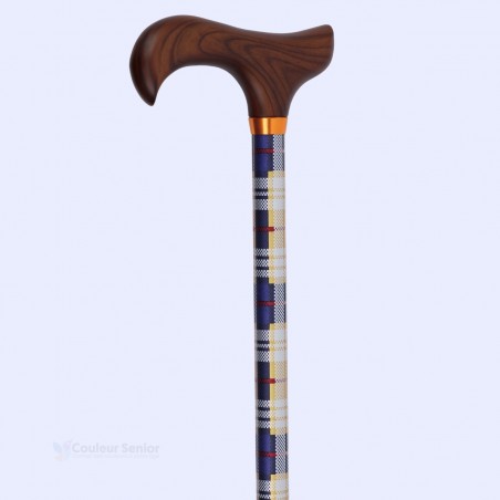 Poignée Derby effet bois, canne de marche originale et élégante au sobre tartan écossais.
