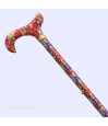Vue diagonale de la canne de marche fantaisie rouge, réglable pour femme, motif floral.