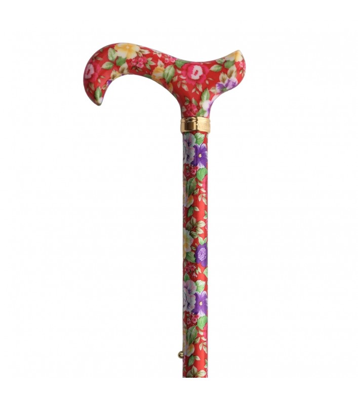 Détail fleuri rouge de cette canne de marche pour femme à poignée Derby, cadeau original.