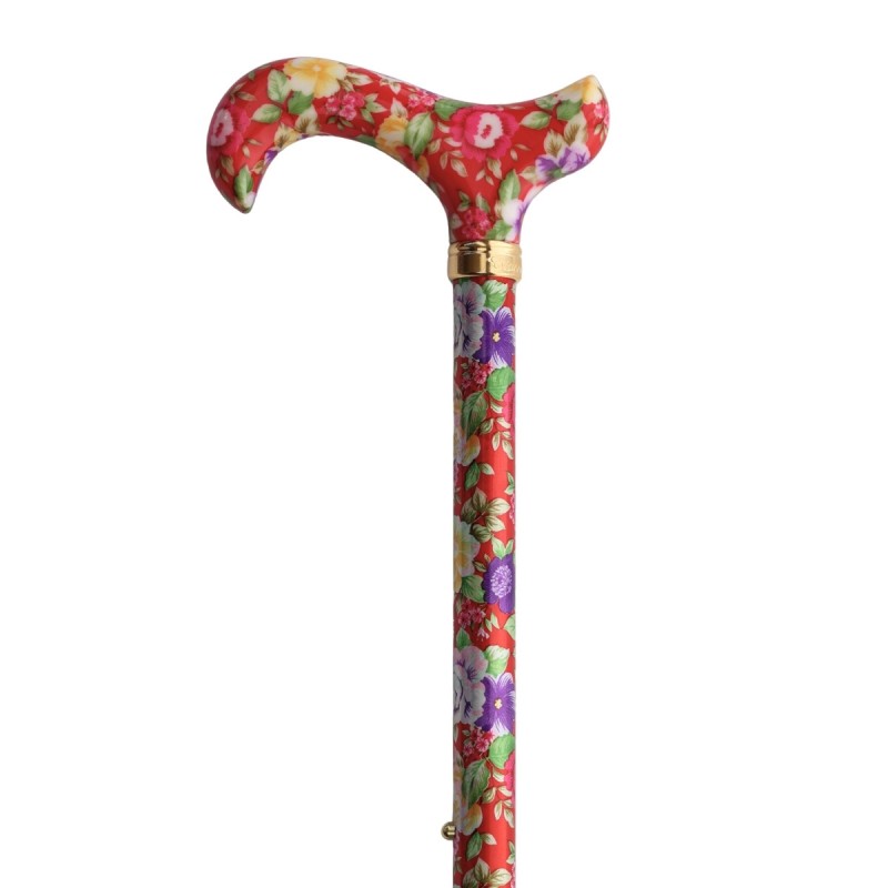 Détail fleuri rouge de cette canne de marche pour femme à poignée Derby, cadeau original.