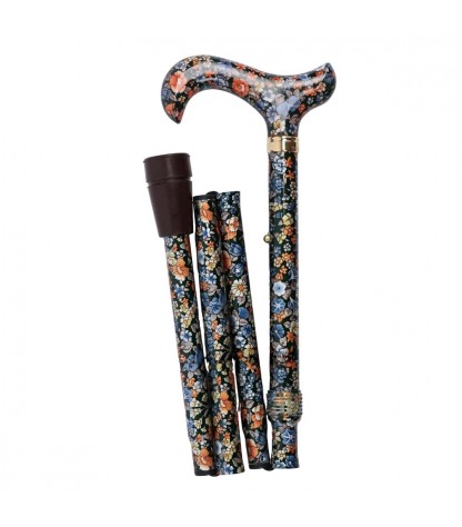 Canne de marche pliable CouleurSenior décorée de fleurs, vue du côté gauche, montrant sa compacité pour le rangement.