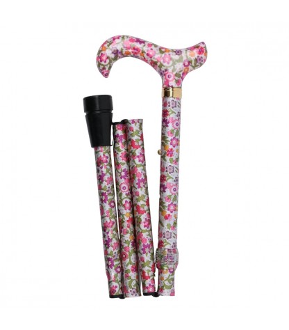 Canne de marche pliante à angle droit, design compact et fleuri pour un usage quotidien.