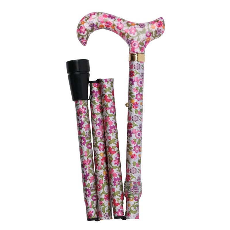 Canne de marche pliante à angle droit, design compact et fleuri pour un usage quotidien.