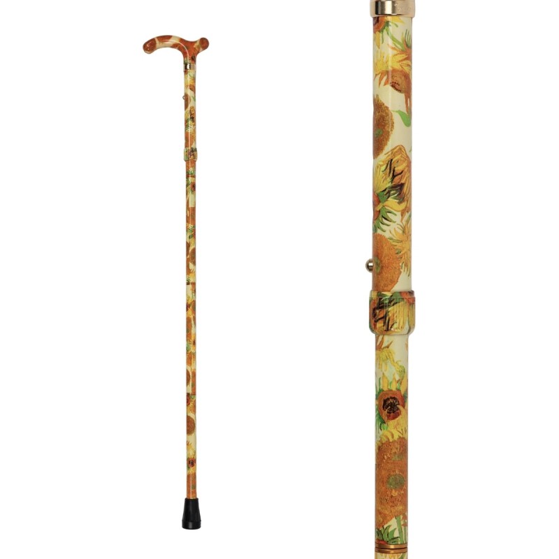 Vue complète de canne de marche artistique à motif de tournesols de Van Gogh, poignée T, aide médicale remboursable.