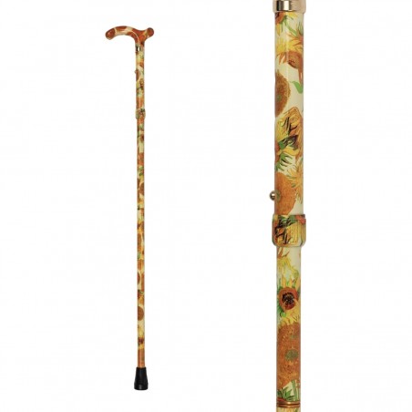 Vue complète de canne de marche artistique à motif de tournesols de Van Gogh, poignée T, aide médicale remboursable.