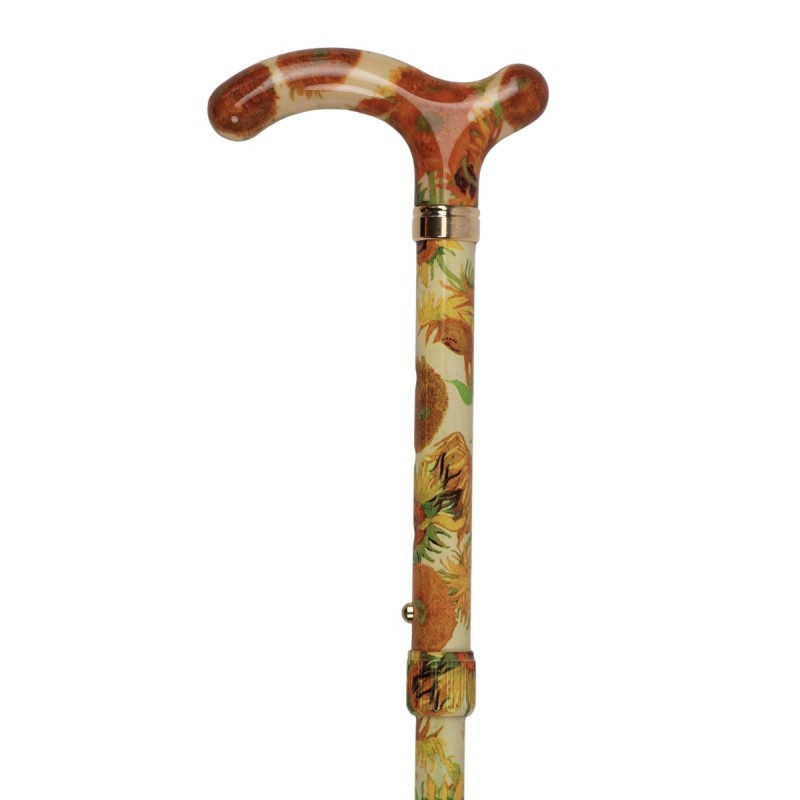 Haut de canne de marche remboursable par la Sécu, motif tournesol artistique et poignée T ergonomique.