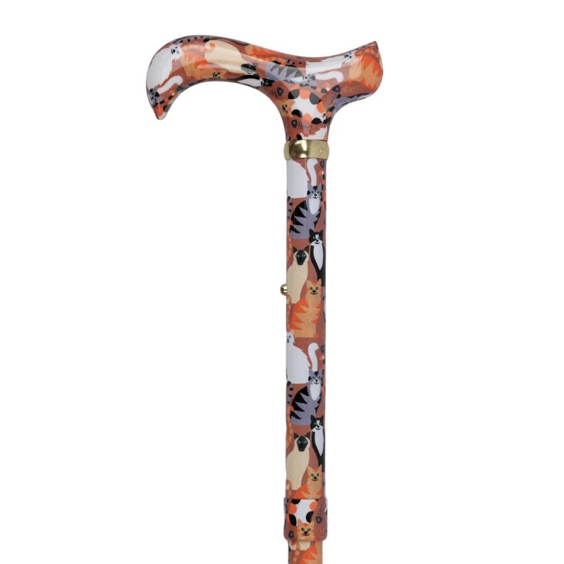 Détail de canne fantaisie à motif animalier, avec des chats orange pour les amoureux des félins, poignée derby.