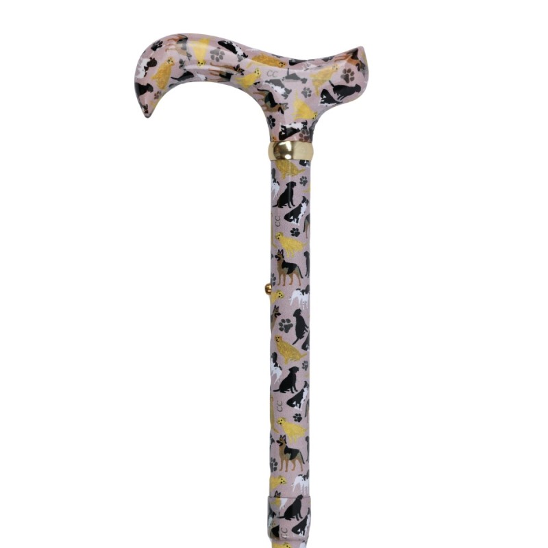Haut de la canne de marche pliable originale. Poignée latérale en aluminium avec motifs de chiens.
