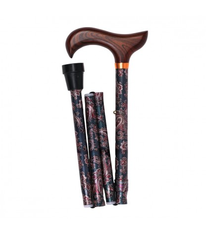 Canne pliante originale pour femme, très chic. Motif cachemire, avec poignée en bois.