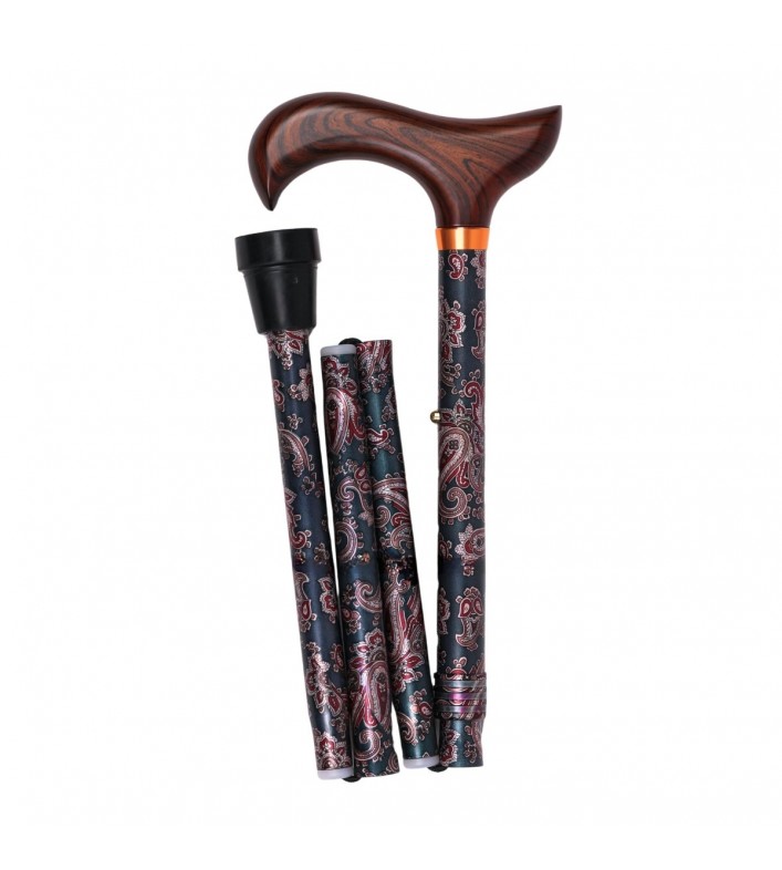 Canne pliante originale pour femme, très chic. Motif cachemire, avec poignée en bois.