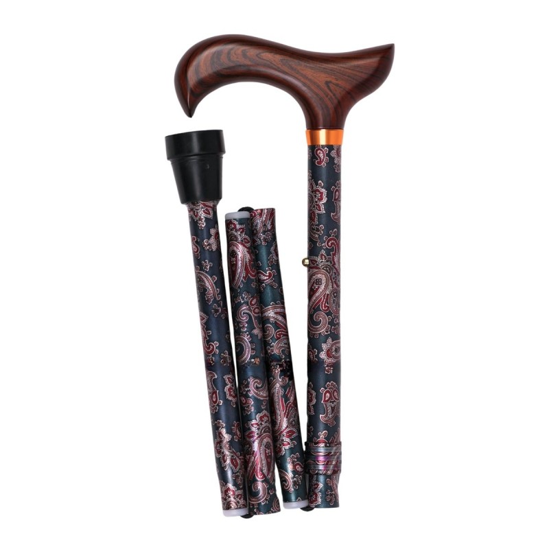Canne pliante originale pour femme, très chic. Motif cachemire, avec poignée en bois.