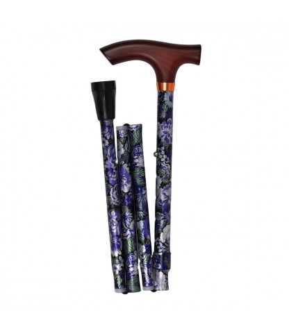 Canne pliante originale femme. Couleurs vibrantes, motif floral bleu et violet, très chic.