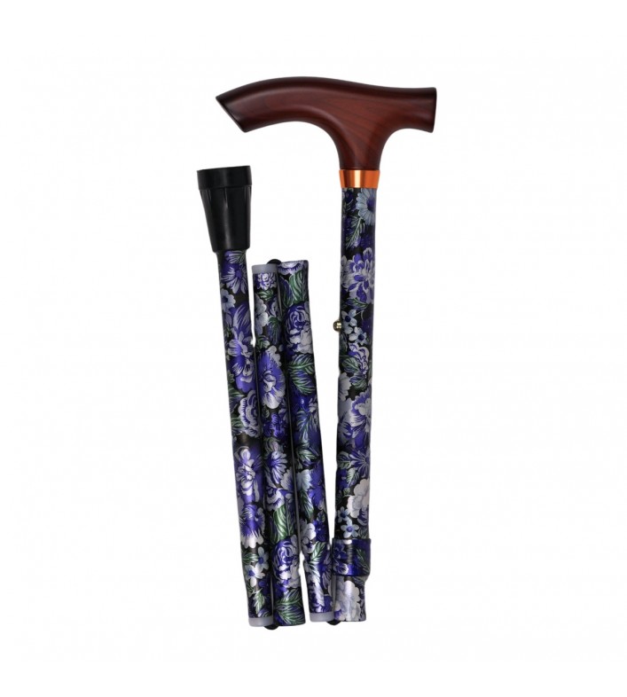 Canne pliante originale femme. Couleurs vibrantes, motif floral bleu et violet, très chic.