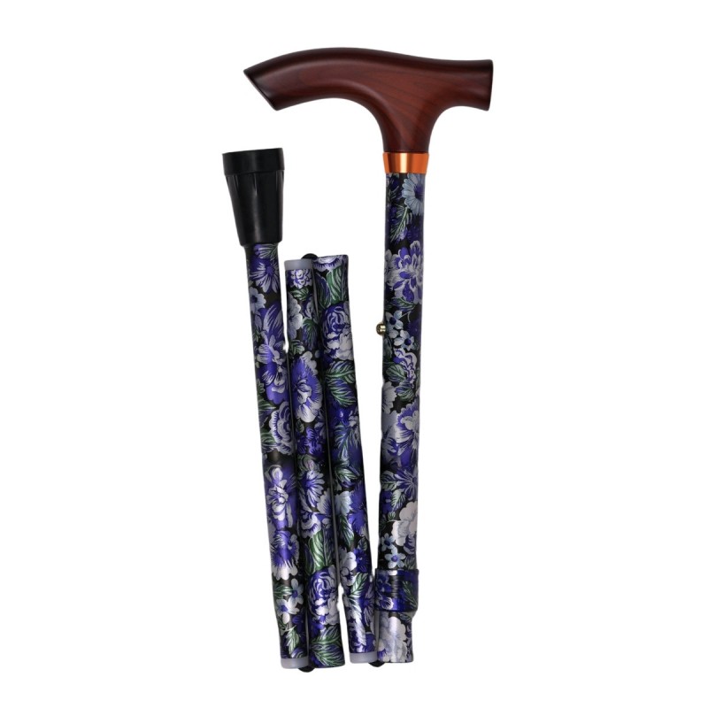 Canne pliante originale femme. Couleurs vibrantes, motif floral bleu et violet, très chic.