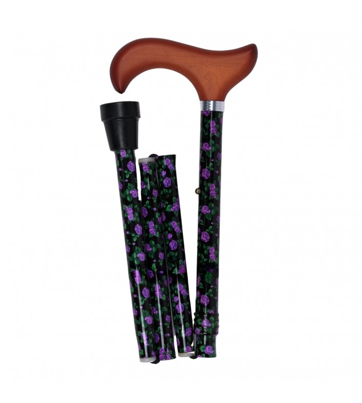 Canne de marche pliante noire, motifs fleuris et poignée en bois, sobre pour femme.