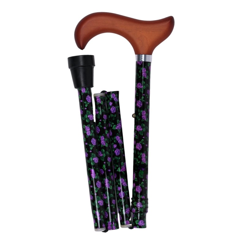 Canne de marche pliante noire, motifs fleuris et poignée en bois, sobre pour femme.