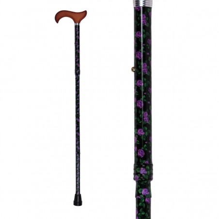 Canne de marche pliante et réglable noire, motifs fleuris et poignée en bois. Prise en charge par la sécurité sociale.