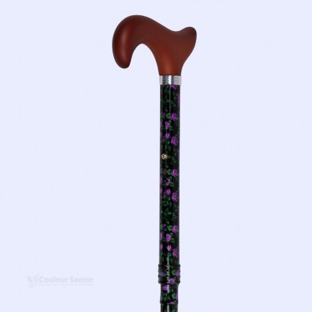 Profil de cette canne violette. La poignée bien orientée garantit une marche sécurisée.