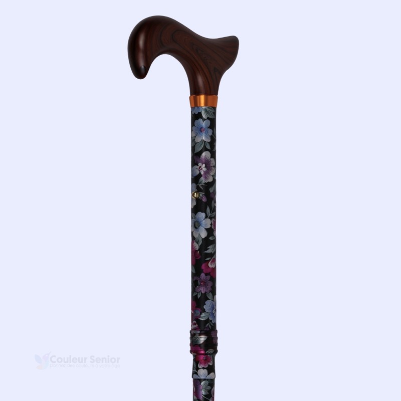 Canne de marche pliante noire, décorée de fleurs et dotée d’une poignée en bois. Idéal à offrir en cadeau à une mère.