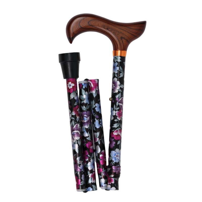 Magnifique canne pliante originale pour femme. Fleurs violettes et bleues, belle robustesse.