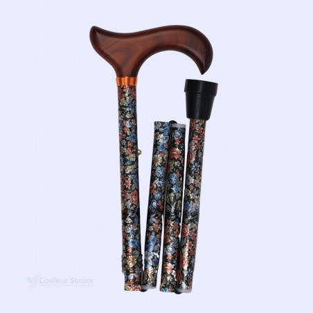 Canne de marche pliante noire à motif fleuri, poignée en bois.  Idéale pour le printemps.