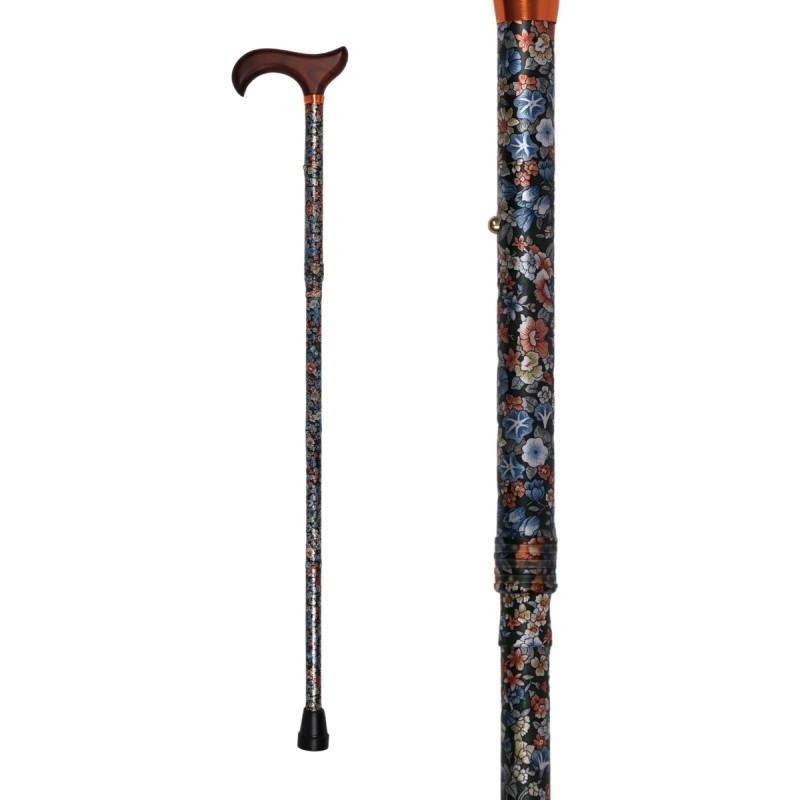 Canne de marche réglable, verte, motif fleuri, avec poignée en bois derby. Produit de qualité de pharmacie.
