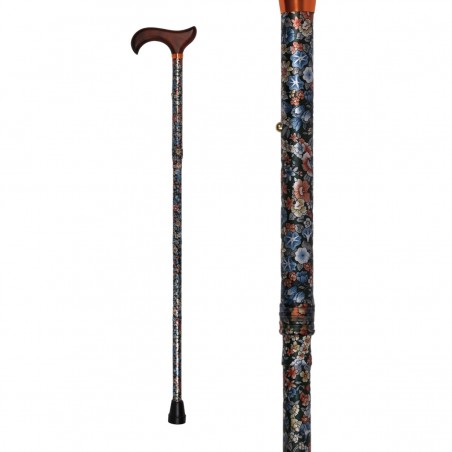 Canne de marche réglable, verte, motif fleuri, avec poignée en bois derby. Produit de qualité de pharmacie.