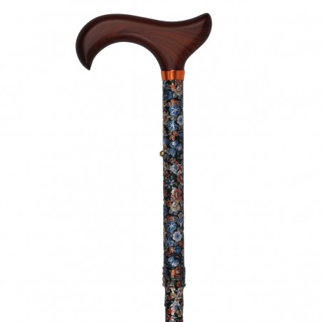 Canne de marche pliante et réglable pour femme, à motif fleuri et poignée en bois. Éligible au remboursement par la Sécu.