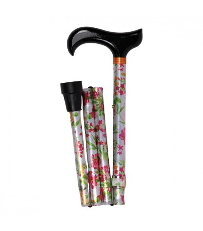 Belle canne pliante originale pour femme. Couleurs vibrantes, motif floral rose avec des feuilles vertes.