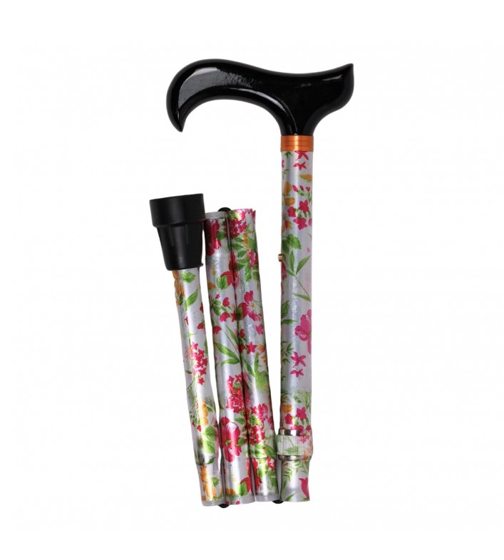 Belle canne pliante originale pour femme. Couleurs vibrantes, motif floral rose avec des feuilles vertes.