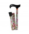 Belle canne pliante originale pour femme. Couleurs vibrantes, motif floral rose avec des feuilles vertes.